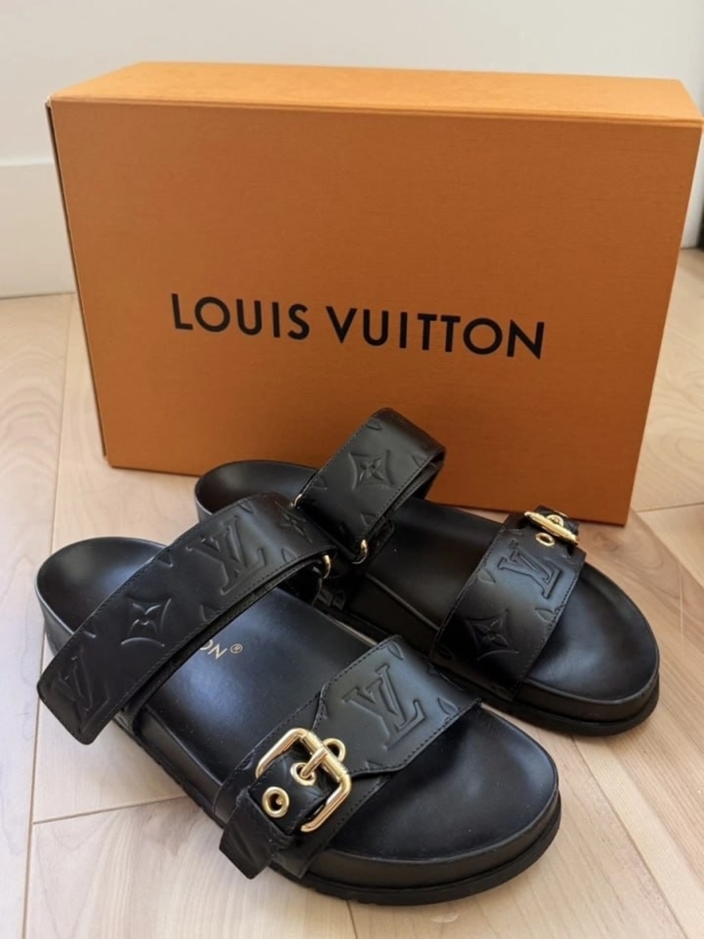 Louis Vuitton Black Embossed Monogram Double-Strap Slide Sandals